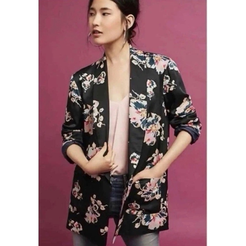 Anthropologie ETT:TWA Floral Open Front Blazer Jacket Black Pink •L• Whimsigoth